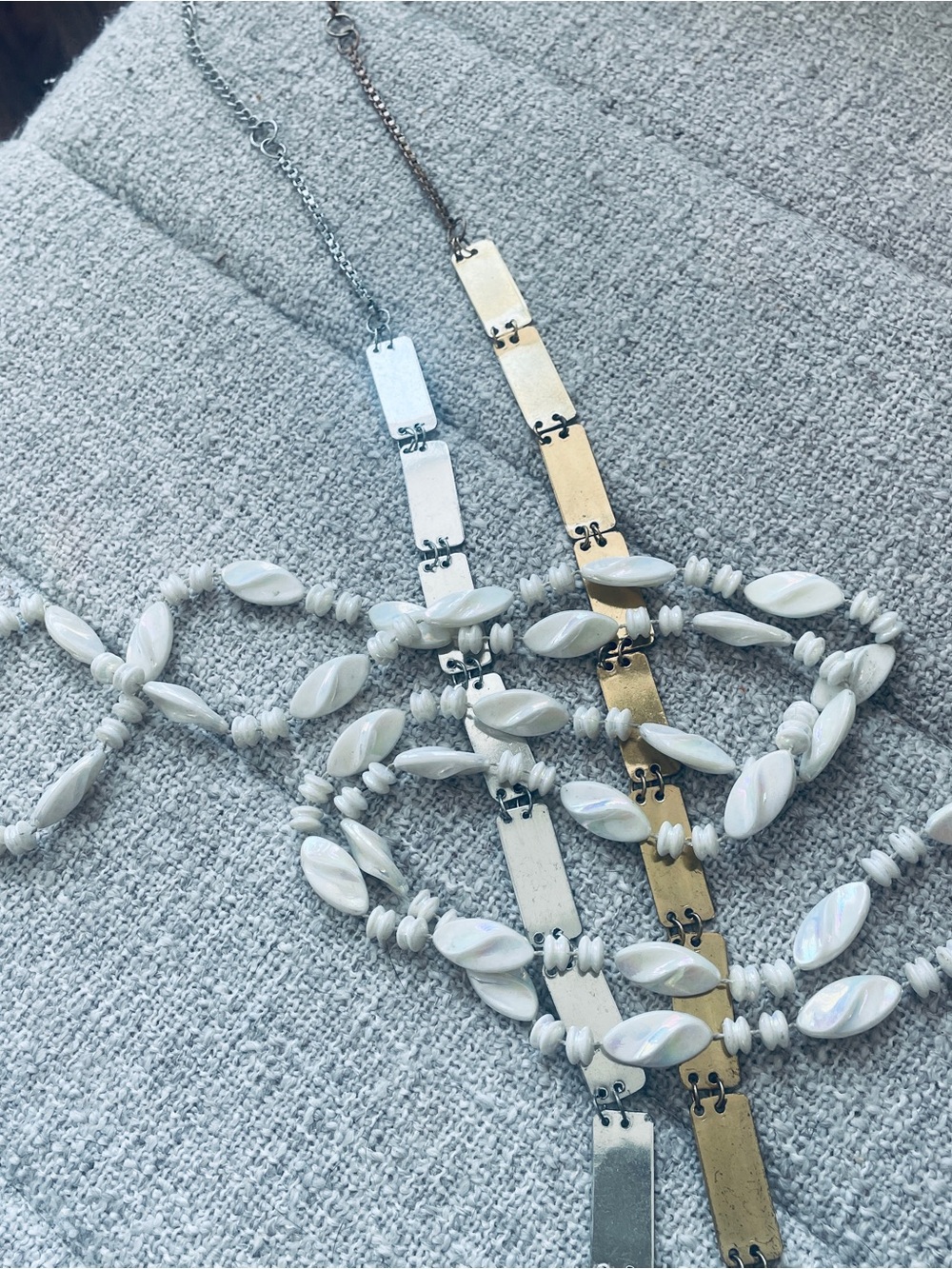 Elegant White Beaded Bar Necklace with Metallic Accents